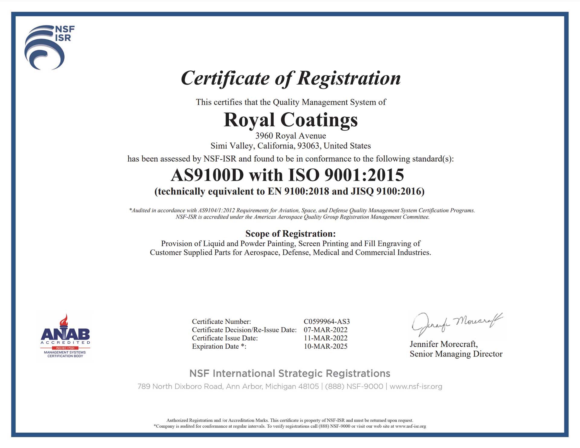 NSF-ISR AS9100D and ISO 9001