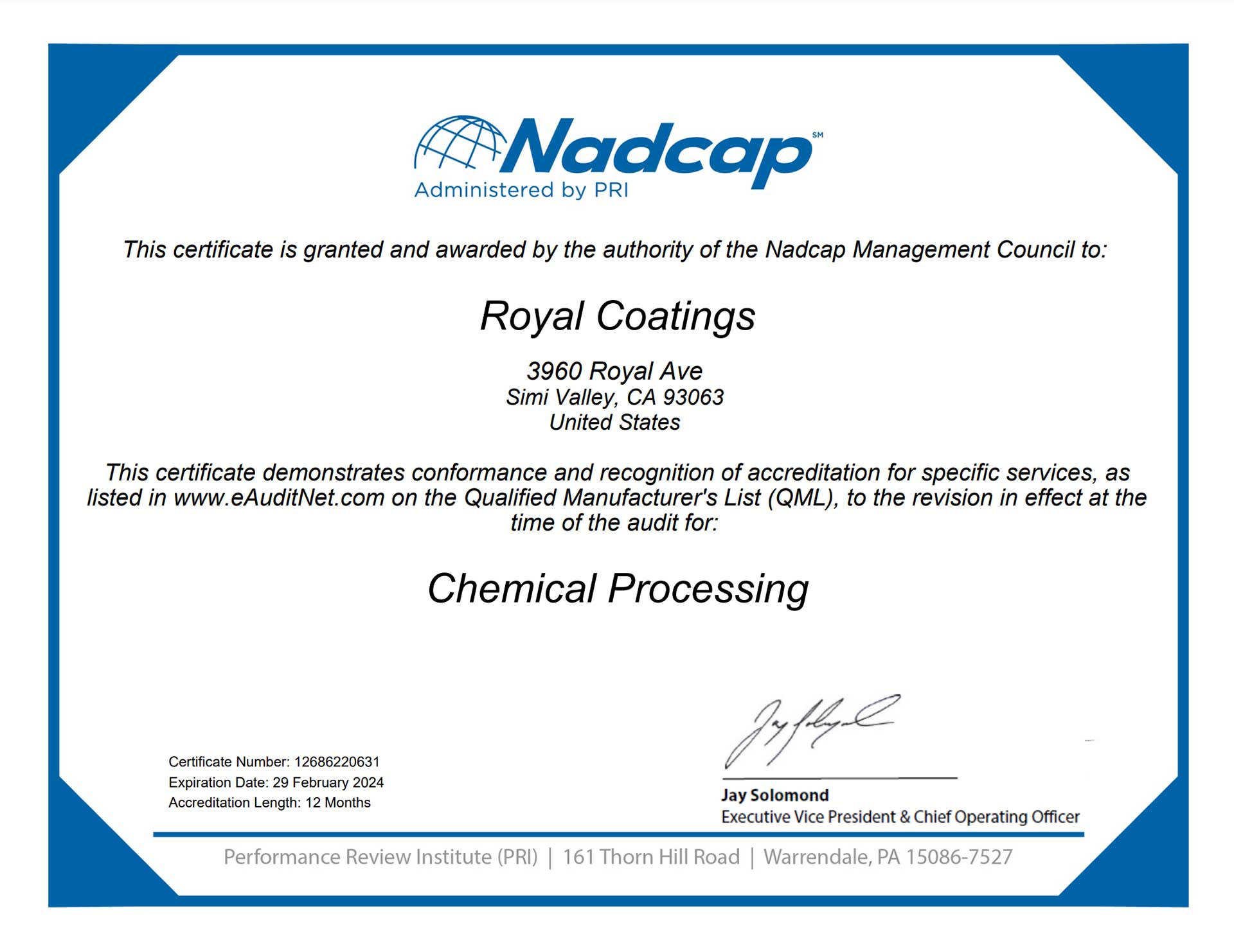 Nadcap Chemical Processing Accredited