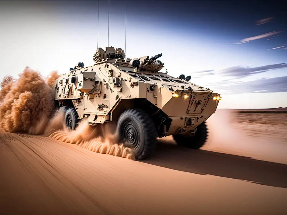 military vehicle driving in desert