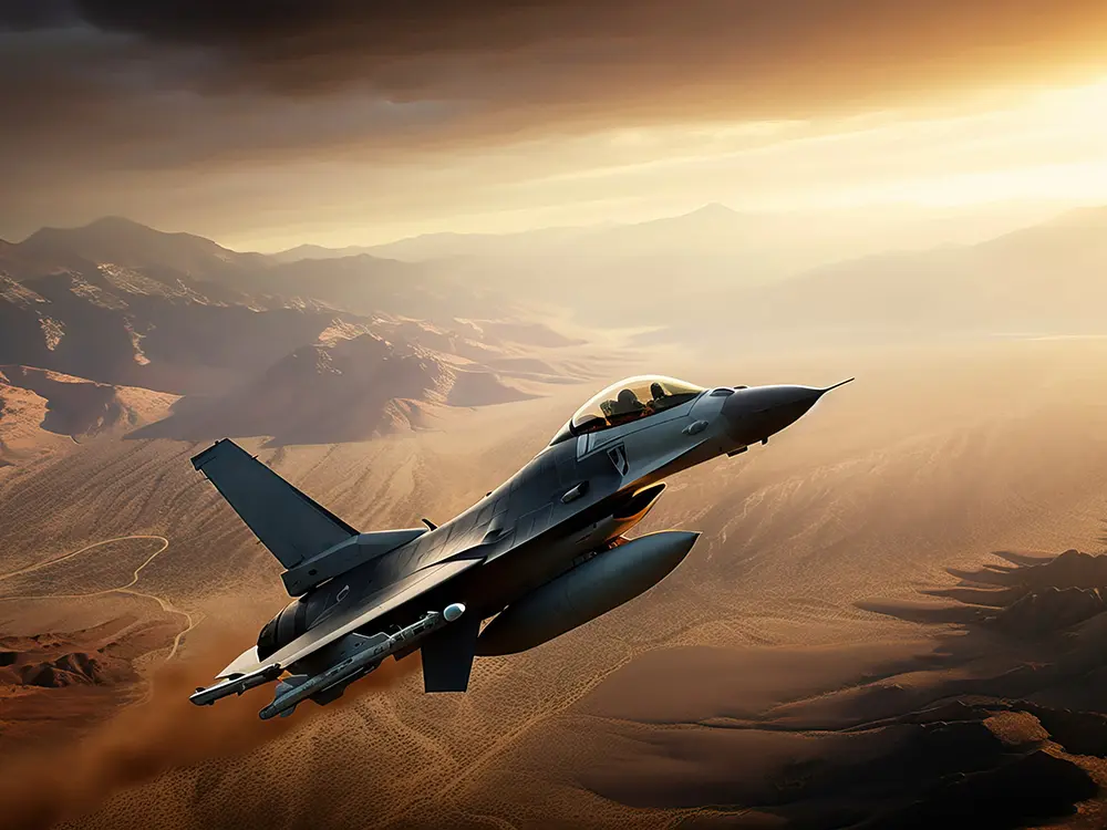 military fighter jet flying through desert