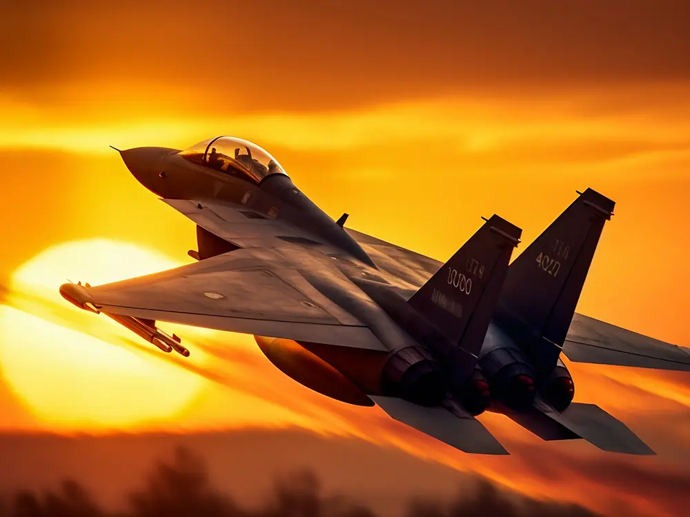 military fighter jet taking off in the sun set