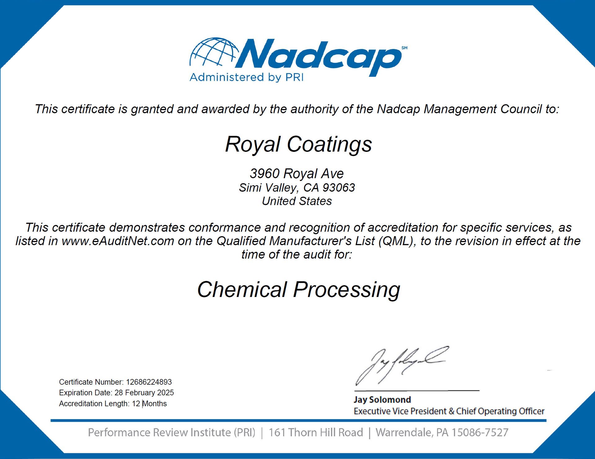 Nadcap Chemical Processing Accredited